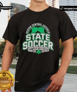 Official Scotus Central Catholic State Soccer Shamrock Girls Soccer 2025 T-Shirt featuring vibrant team colors and logo.