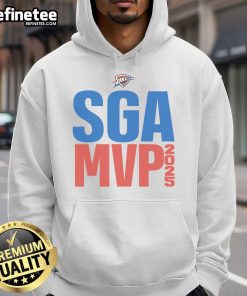 Alt Text: Official SGA Shai Gilgeous-Alexander OKC Thunder 2025 NBA MVP Hoodie showcasing team colors and logo.