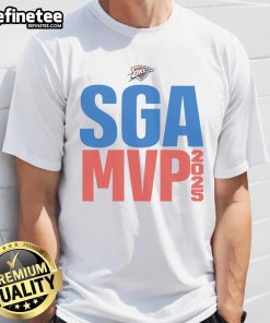 Official SGA Shai Gilgeous-Alexander OKC Thunder 2025 NBA MVP T-Shirt showcasing vibrant team colors and player design.