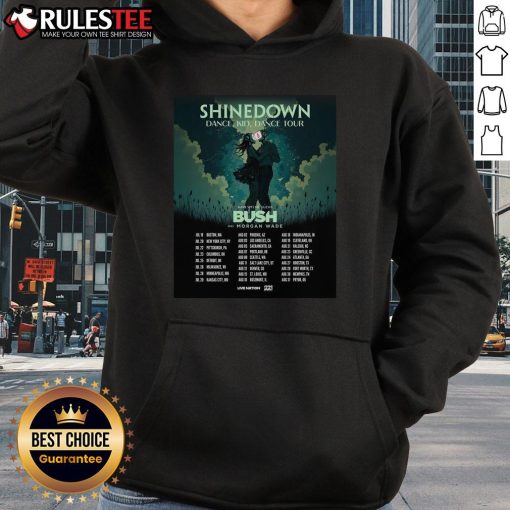 Official Shinedown Tour 2025 poster hoodie featuring vibrant graphics and tour dates for fans of the rock band.