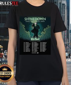 Alt Text: Official Shinedown Tour 2025 poster featuring a stylish ladies tee design with vibrant graphics and tour details.