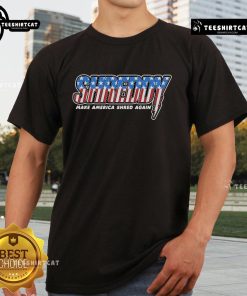 Alt Text: Official Shreddy Make America Shred Again Stripes T-Shirt featuring an American flag design for fitness enthusiasts.