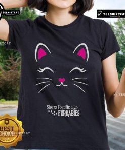 Happy kitty design on Official Sierra Pacific Furbabies Ladies Tee, perfect for cat lovers and comfortable casual wear.