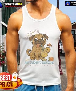 Official Sip Sit Stay AJK Family Rescue tank top design featuring a playful dog graphic, perfect for Austin, Texas dog lovers.