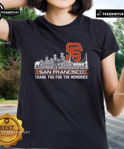 San Francisco Giants official skyline ladies tee featuring 'Thank You For The Memories' design in vibrant colors.