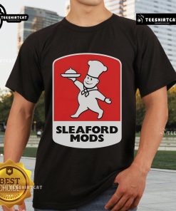 Official Sleaford Mods Little Chef T-Shirt featuring iconic design in black and white, perfect for music fans and collectors.