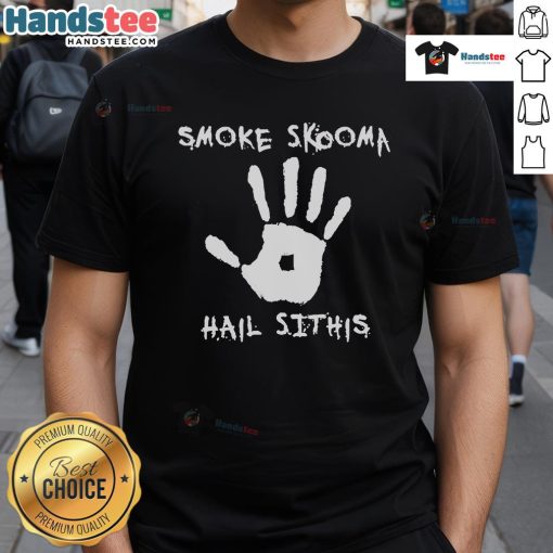 Official Smoke Skooma Hail Sithis T-Shirt featuring bold graphics and a dark design for fans of Skyrim merchandise.