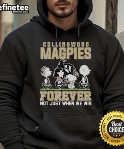 Alt Text: Official Snoopy and Charlie Brown Peanuts hoodie featuring Collingwood Magpies, perfect for fans year-round.