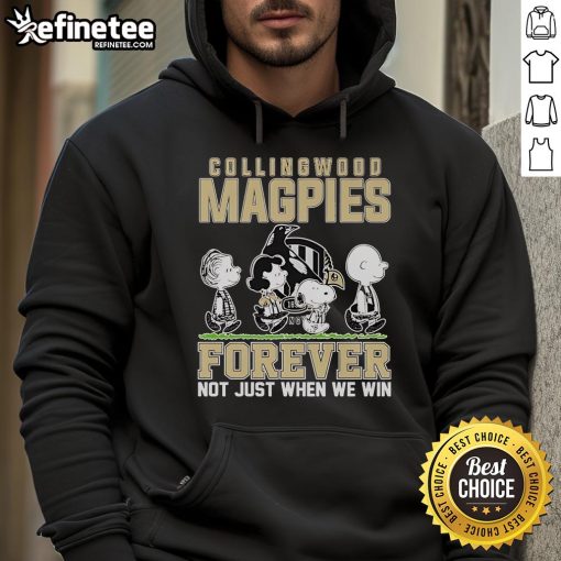 Alt Text: Official Snoopy and Charlie Brown Peanuts hoodie featuring Collingwood Magpies, perfect for fans year-round.