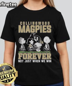 Official Snoopy and Charlie Brown Peanuts Collingwood Magpies Forever tee for ladies, celebrating team spirit.