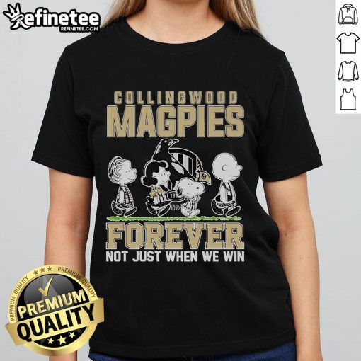Official Snoopy and Charlie Brown Peanuts Collingwood Magpies Forever tee for ladies, celebrating team spirit.