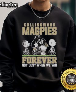 Official Snoopy and Charlie Brown Peanuts Collingwood Magpies Forever sweatshirt, perfect for fans celebrating their team.
