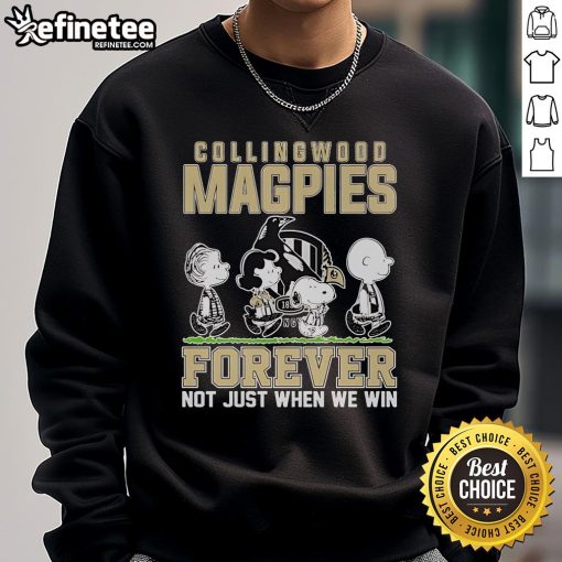 Official Snoopy and Charlie Brown Peanuts Collingwood Magpies Forever sweatshirt, perfect for fans celebrating their team.