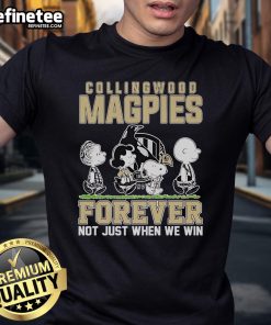 Official Snoopy and Charlie Brown Peanuts Collingwood Magpies T-Shirt: 'Forever Not Just When We Win' design.
