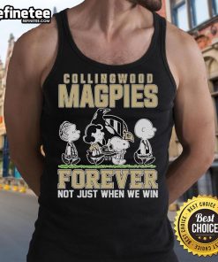 Alt Text: Official Snoopy and Charlie Brown tank top featuring Collingwood Magpies slogan 'Forever, Not Just When We Win'.