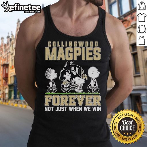 Alt Text: Official Snoopy and Charlie Brown tank top featuring Collingwood Magpies slogan 'Forever, Not Just When We Win'.