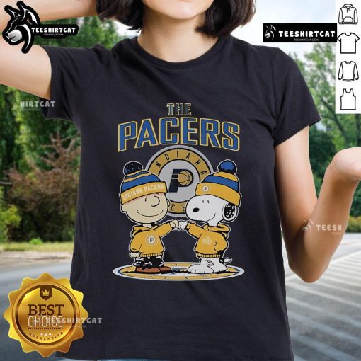 Official Snoopy and Charlie Brown Peanuts fan tee for ladies featuring Indiana Pacers logo and vibrant graphic design.