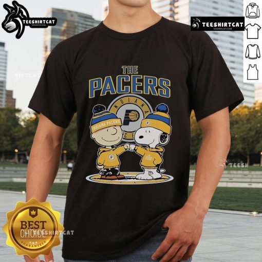 Alt Text: Official Snoopy and Charlie Brown The Peanuts fan T-shirt featuring Indiana Pacers logo and colorful design.