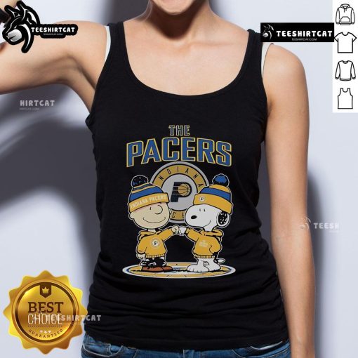 Alt Text: Official Snoopy and Charlie Brown Peanuts tank top featuring Indiana Pacers logo, perfect for fans and summer wear.