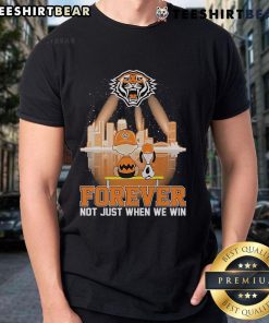 Official Snoopy and Charlie Brown Wests Tigers t-shirt featuring 'The Peanuts Forever' slogan for fans and supporters.