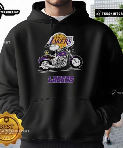 Alt Text: Snoopy and Woodstock on a motorbike, wearing a Los Angeles Lakers hoodie, showcasing playful team spirit.