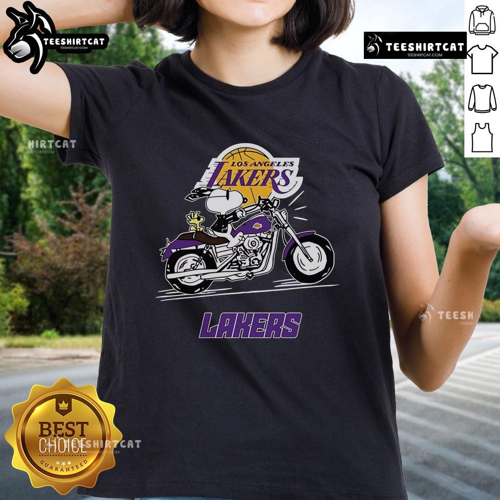 Official Snoopy And Woodstock Driving Motorbike Los Angeles Lakers Ladies Tee Alt Text: Snoopy and Woodstock riding a motorbike in a fun design on a Los Angeles Lakers ladies tee shirt.