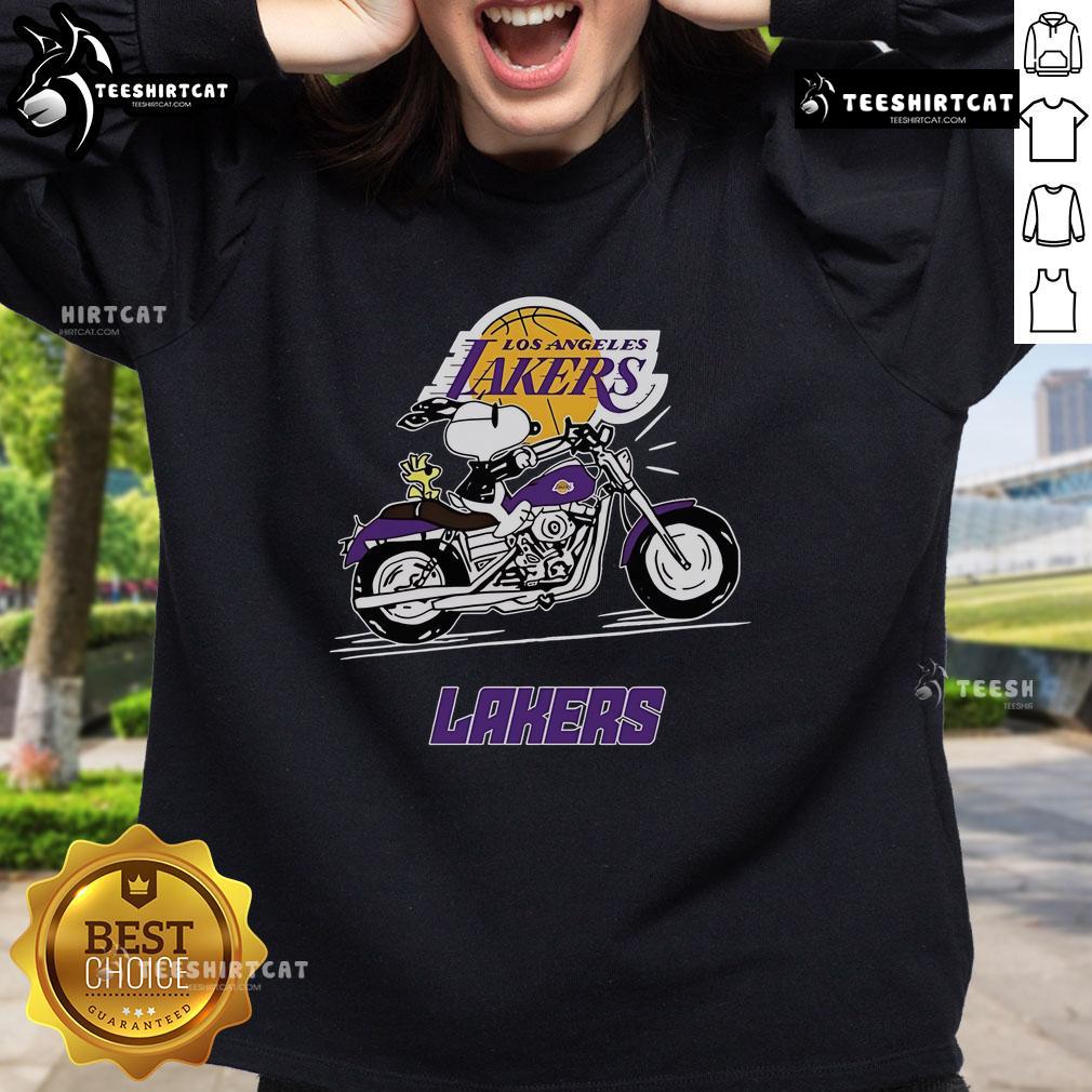 Official Snoopy And Woodstock Driving Motorbike Los Angeles Lakers Sweatshirt Official Snoopy and Woodstock driving a motorbike on a Los Angeles Lakers sweatshirt, perfect for fans and collectors.