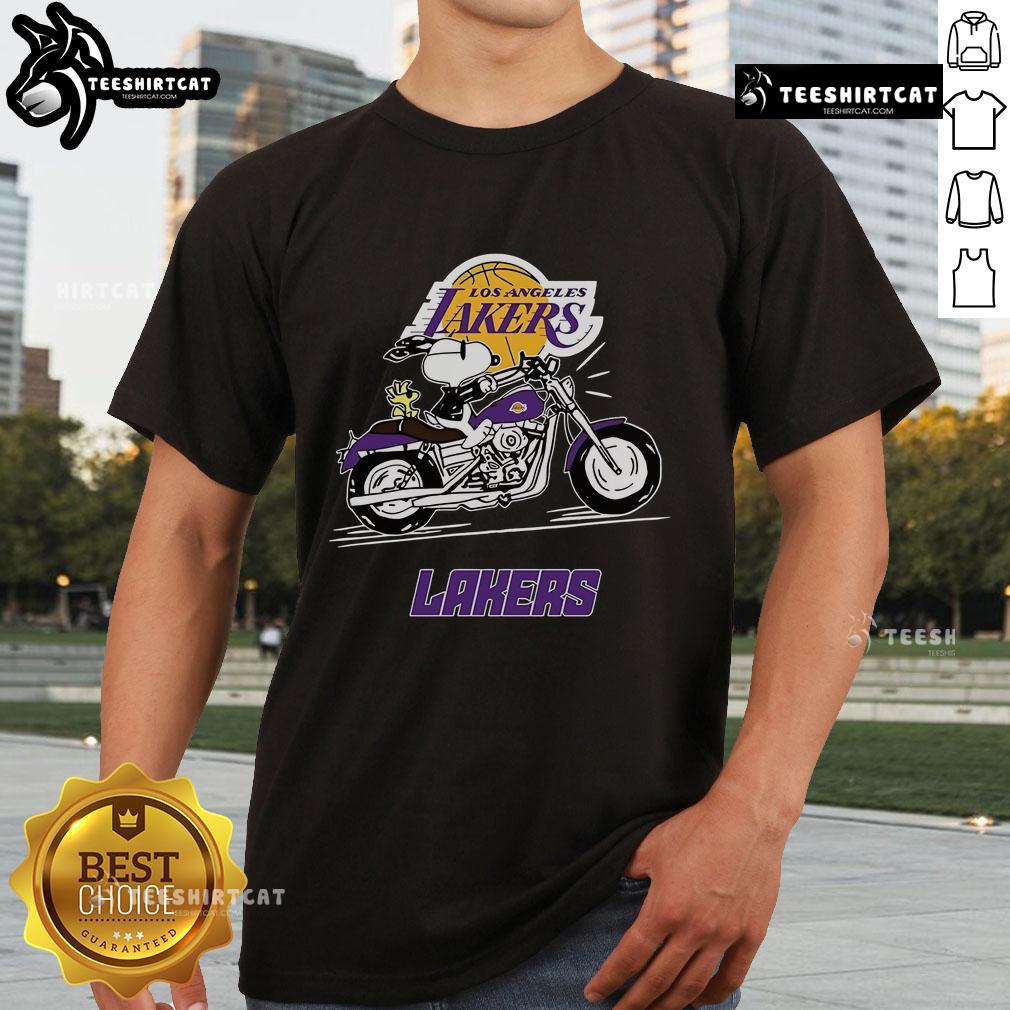 Official Snoopy And Woodstock Driving Motorbike Los Angeles Lakers T Shirt Alt Text: Official Snoopy and Woodstock driving motorbike on Los Angeles Lakers T-shirt, fun and vibrant design for fans.