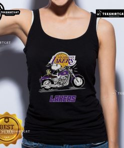 Snoopy and Woodstock riding a motorbike in an Official Los Angeles Lakers tank top, showcasing playful team spirit.