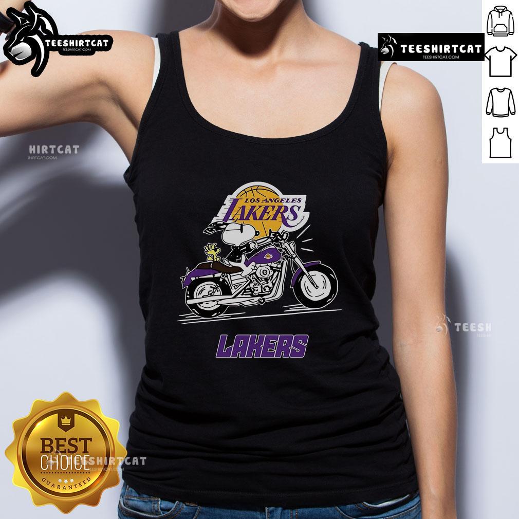 Official Snoopy And Woodstock Driving Motorbike Los Angeles Lakers Tank Top Snoopy and Woodstock riding a motorbike in an Official Los Angeles Lakers tank top, showcasing playful team spirit.
