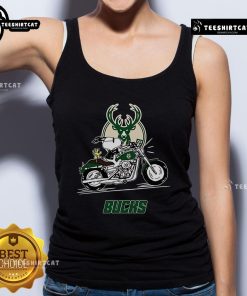 Snoopy and Woodstock riding a motorbike on a Milwaukee Bucks tank top, perfect for fans and summer wear.