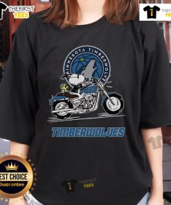 Official Snoopy and Woodstock driving motorbike on Minnesota Timberwolves ladies tee shirt design.