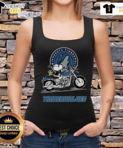 Snoopy and Woodstock riding a motorbike on a Minnesota Timberwolves tank top, showcasing playful sports apparel.