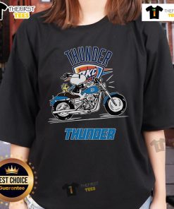 Alt Text: Snoopy and Woodstock riding a motorbike on an Oklahoma City Thunder ladies tee, perfect for fans.