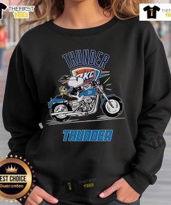 Official Snoopy and Woodstock driving a motorbike on Oklahoma City Thunder sweatshirt, vibrant team colors design.