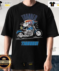 Official Snoopy and Woodstock driving a motorbike on Oklahoma City Thunder T-Shirt design, vibrant and playful graphics.