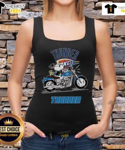 Official Snoopy and Woodstock driving motorbike on Oklahoma City Thunder tank top design, vibrant and playful.