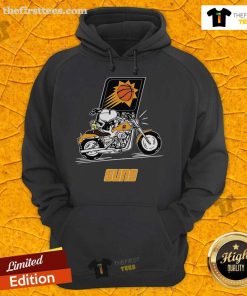 Alt Text: Snoopy and Woodstock riding a motorbike on a Phoenix Suns hoodie, showcasing a fun and vibrant design.
