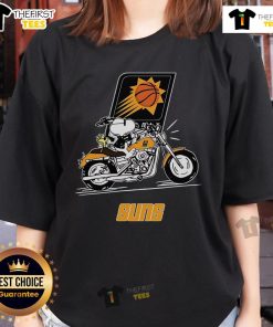 Alt Text: Official Snoopy and Woodstock driving a motorbike on Phoenix Suns Ladies Tee, perfect for fans and casual wear.