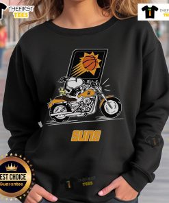 Alt Text: Official Snoopy and Woodstock driving motorbike on Phoenix Suns sweatshirt, showcasing vibrant team spirit and fun design.