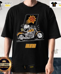Alt Text: Official Snoopy and Woodstock driving motorbike graphic on Phoenix Suns T-Shirt, perfect for fans and collectors.