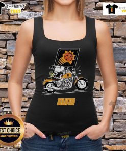 Alt Text: Official Snoopy and Woodstock driving motorbike graphic on Phoenix Suns tank top, perfect for sports fans and summer wear.