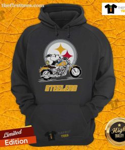 Alt Text: Snoopy and Woodstock riding a motorbike in a Pittsburgh Steelers hoodie, showcasing team spirit and fun.