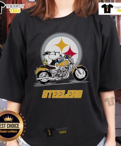 Alt Text: Official Snoopy and Woodstock driving a motorbike on Pittsburgh Steelers ladies tee shirt design.