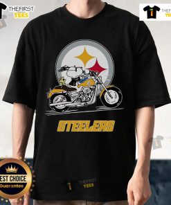 Official Snoopy and Woodstock driving a motorbike on a Pittsburgh Steelers T-shirt, perfect for NFL fans.