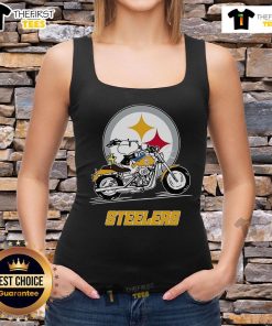 Alt Text: Snoopy and Woodstock riding a motorbike in a Pittsburgh Steelers tank top, showcasing fun sports-themed apparel.