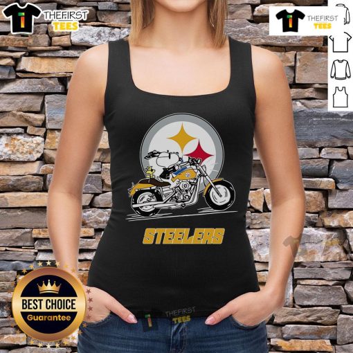 Alt Text: Snoopy and Woodstock riding a motorbike in a Pittsburgh Steelers tank top, showcasing fun sports-themed apparel.