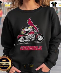 Official Snoopy and Woodstock driving motorbike on St. Louis Cardinals sweatshirt, perfect for fans and collectors.