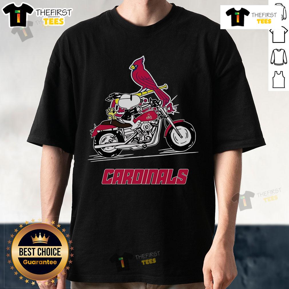 Official Snoopy And Woodstock Driving Motorbike St. Louis Cardinals T Shirt Alt Text: Official Snoopy and Woodstock driving motorbike on St. Louis Cardinals t-shirt, perfect for fans and collectors.