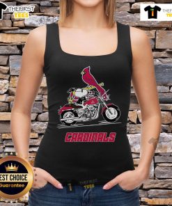 Alt Text: Snoopy and Woodstock on a motorbike, wearing a St. Louis Cardinals tank top, perfect for baseball fans.